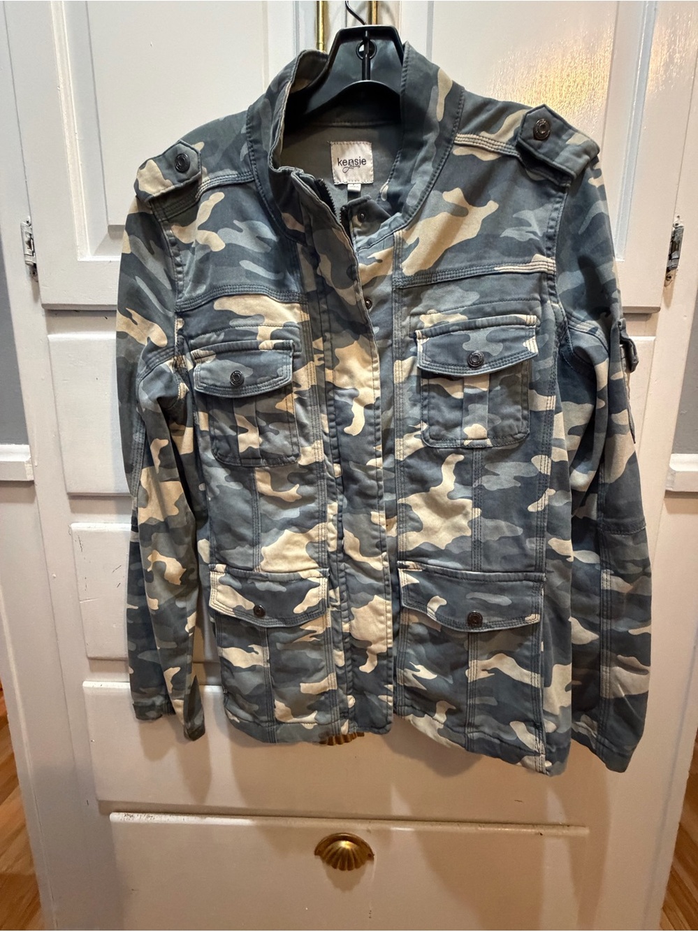 Kensie Jeans Women’s Blue Beige Camouflage Military Jacket Button Pockets L